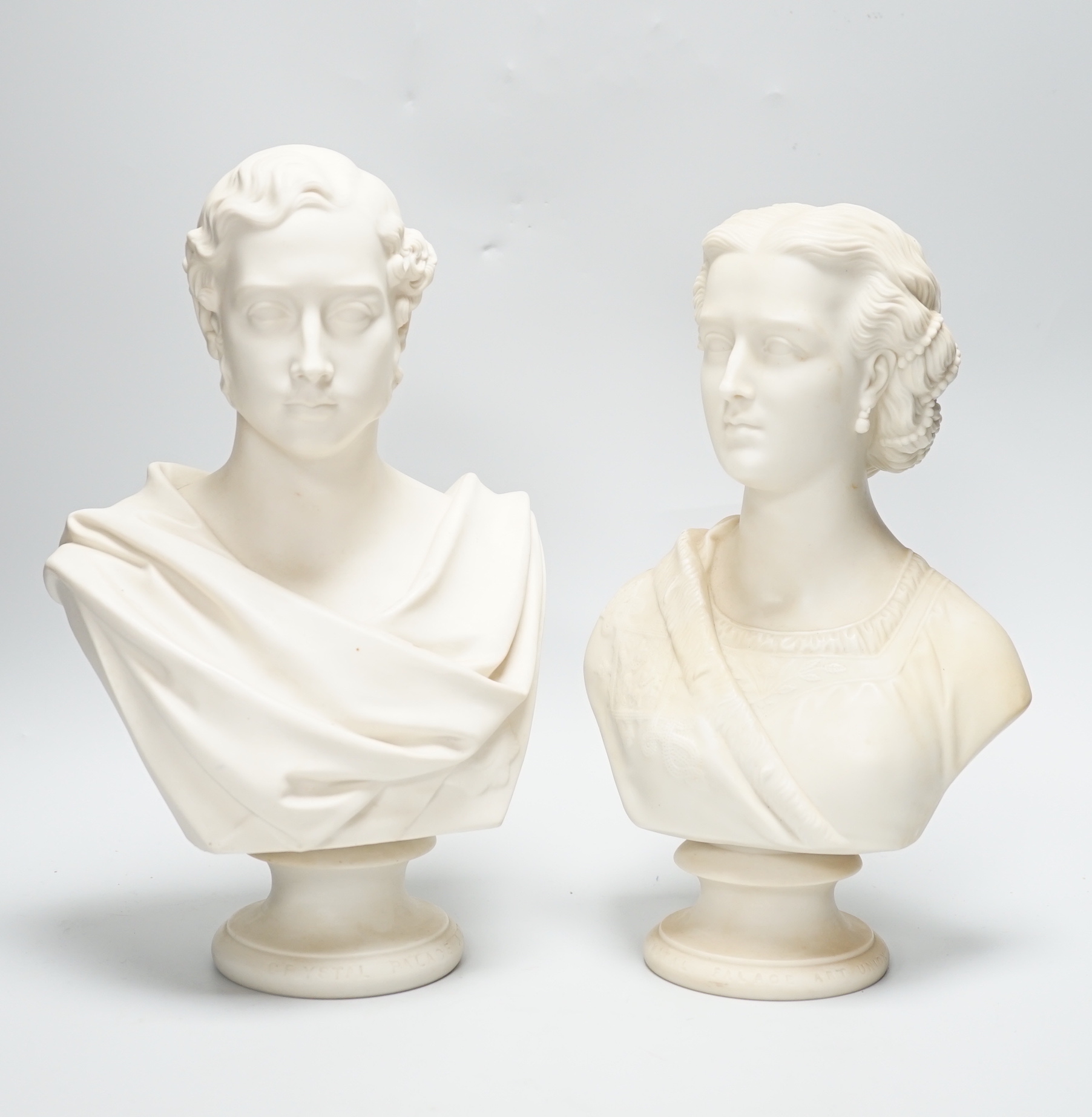 Two Copeland Parian busts, Prince of Wales and Princess Alexandra, Crystal Palace Art Union 1863, one a copy of a Marshall Wood sculpture, highest 31.5cm